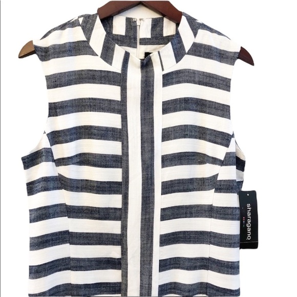 SHARAGANO NWT Sleeveless Striped Zip Dress Size 10 in Navy Blue Stripe - Picture 2 of 9